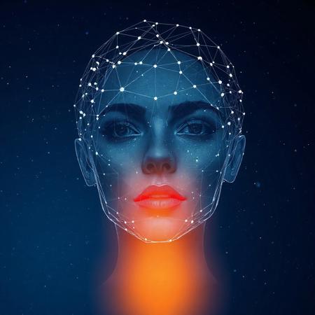 The image is a digital art piece that appears to be a portrait of a woman's face. The background is a dark blue night sky with small white stars scattered throughout. The person's head is covered in a network of lines and dots, creating a futuristic and abstract design. The lines are arranged in a way that creates a sense of depth and dimension, while the dots are scattered throughout the image.
In the center of the image, there is a bright orange and yellow gradient at the bottom.