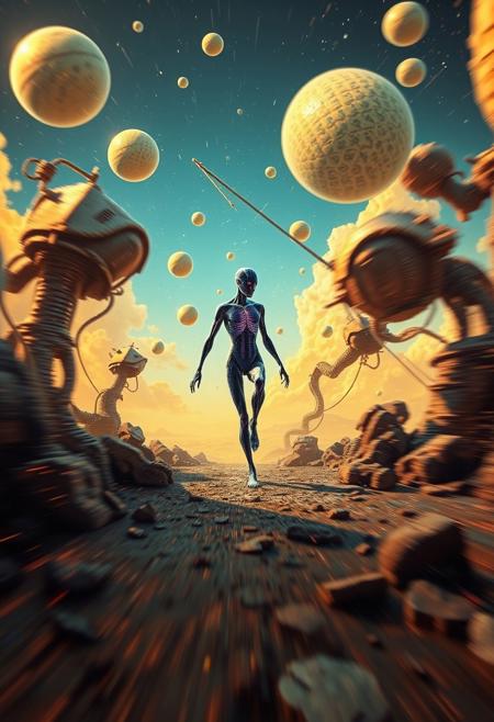 Dynamic motion: elongated figure walking through a surreal, biomechanical landscape. Vivid electric colors, blurred lines, action pose. Floating spheres, glowing orbs, infinite sky, gold, blue, bronze hues, cosmic symbolism.