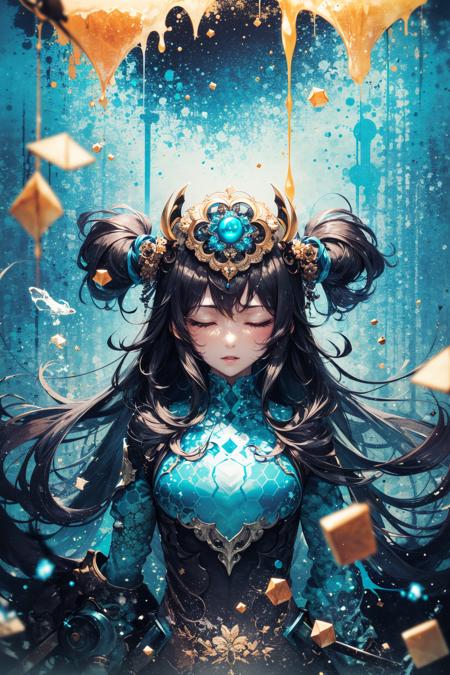 masterpiece, best quality, 1girl, closed eyes, upper body, splashing, abstract, psychedelic, neon, (honeycomb pattern), (creative:1.3), sy3, SMM, fantasy00d