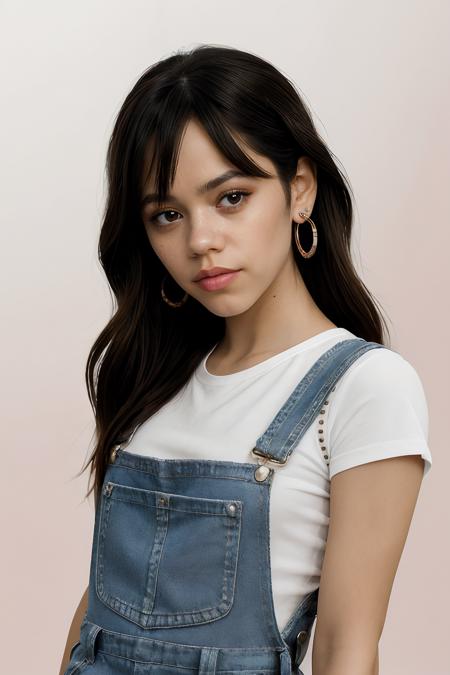 jenna ortega, long hair, 
pink overalls, studs, white shirt, detailed skin, 
medium shot, upper body, simple solid background, closeup head-shot, realistic, zoom in, 
 <lora:Jenna_Ortega_V1:0.7>, <lora:breastsizeslideroffset:-0.6>