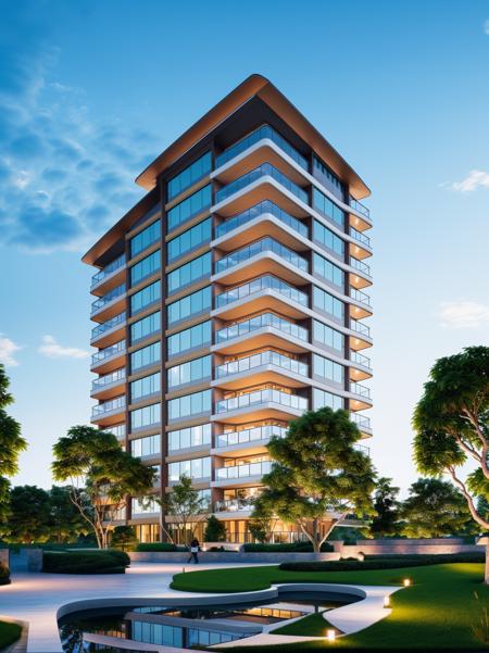 Modern building house, tree, outdoors, scenery, sky, no humans, building, day, blue sky, reflection, window, grass, cloud, real world locationbest quality,Professional,<lora:Justin_Modern_Building_V100:0.7>,