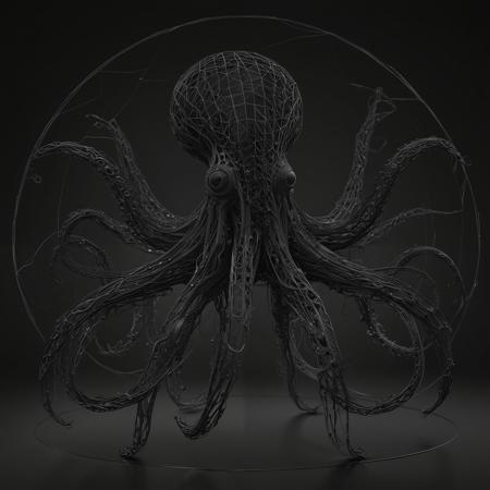 Wireframe Digital Sculpture crafting a dynamic and immersive representation of an octopus, background is black (darkness)