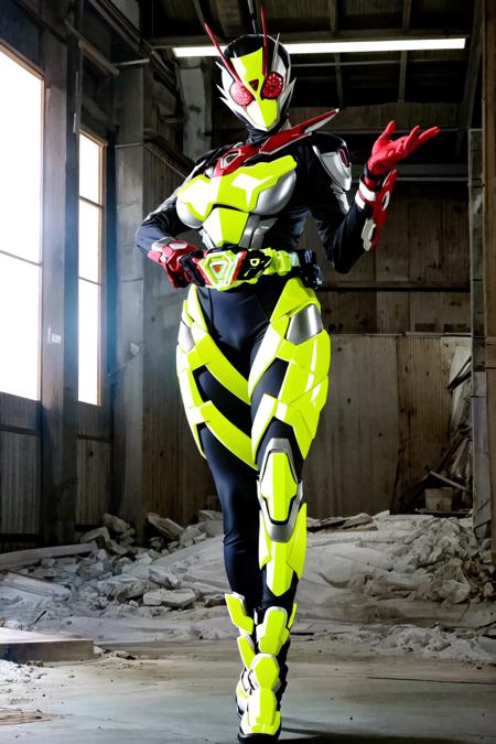 ((masterpiece,best quality)),kamen rider zero two, kamen rider, tokusatsu, rider belt, red eyes, (solo, 1girl, mature female,large breasts,wide hips,thighs), female focus, looking at viewer, standing, full body, armor, red gloves,open hands, (skin tight bodysuit), antennae, scarf, glowing,(inside a science fiction building), <lora:kamen_rider_zero_two-10:0.7>