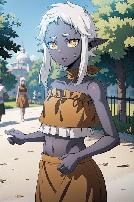 (best quality, masterpiece),Ghorza, 1girl, solo, grey skin, colored_skin, yellow eyes, white hair, pointy ears, small breasts, looking at viewer, blurry background, crop top, frills, skirt, outdoors, looking at viewer, park, 