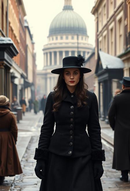 Dickensian London, A street scene from early Victorian London (around St Paul's circa 1843), winter, cold, a few people in Victorian costume, winter clothing, frost, a dark-haired woman aged c35 (authentic Victorian era black dress and hat)  walks towards the viewer ((front view)), detailed view of the City of London in the 19th century, period detail, Victorian, hyperrealistic, 8K resolution.
