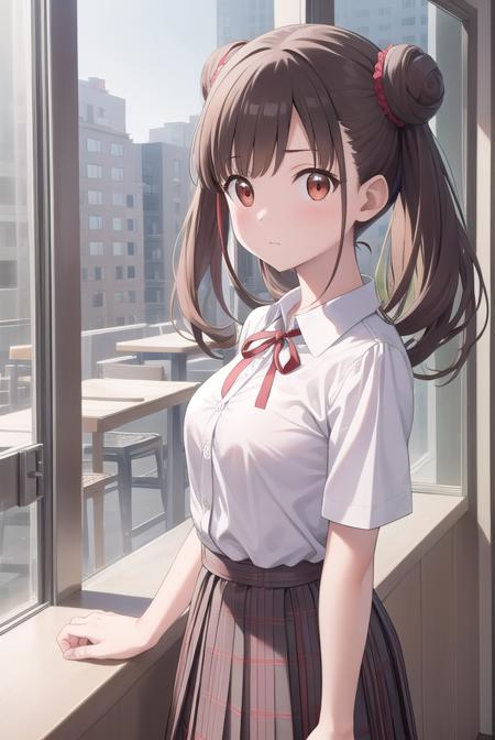 chiyokosonoda, <lyco:chiyokosonoda-lyco-nochekaiser:1>,
chiyoko sonoda, brown hair, (red eyes:1.5), hair bun, long hair, double bun, sidelocks,
BREAK brown skirt, buttons, collared shirt, dress shirt, miniskirt, neck ribbon, plaid, plaid skirt, pleated skirt, ribbon, school uniform, shirt, skirt, white shirt, yellow ribbon,
BREAK indoors, classroom,
BREAK looking at viewer, cowboy shot,
BREAK <lyco:GoodHands-beta2:1>, (masterpiece:1.2), best quality, high resolution, unity 8k wallpaper, (illustration:0.8), (beautiful detailed eyes:1.6), extremely detailed face, perfect lighting, extremely detailed CG, (perfect hands, perfect anatomy),