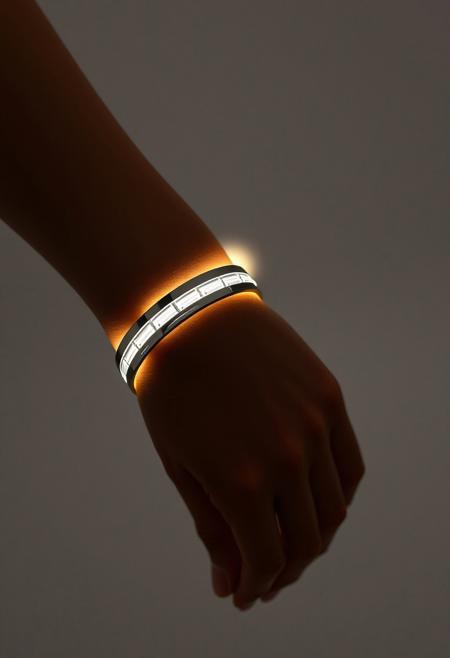 subdermal LED cuff bracelet, (internal LED glow:1.7), (embedded LEDs:1.7) forming an elegant band of light around the wrist, soft glow radiating evenly beneath the skin, (uniform light segments:1.6), (glowing light bands:1.6) mimicking the structure of a classic cuff bracelet, natural skin tone with seamless light diffusion, high-definition, (ultra-realistic skin texture:1.8), radiant light seamlessly integrated into the skin, perfect for both formal and everyday wear, (worn bracelet:-1.8), (visible cuff:-1.8), (unnatural glow:-1.5), smooth, refined light transitions, modern and bold, timeless elegance