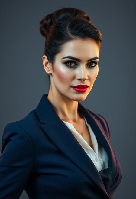 A captivating, 40-year-old businesswoman, exuding both power and sensuality. Draped in a tailored, midnight blue power suit, she commands attention with her confident stride and piercing gaze. Her sleek, professional updo frames her face, drawing attention to her full lips and sultry eyes. A smoky eye and a hint of red lipstick add a touch of allure, while her flawless skin and perfectly arched brows exude timeless elegance. The soft glow of the studio lights illuminates her confident expression, hinting at a passionate drive beneath her composed exterior. Photograph style: High-end fashion editorial, dramatic lighting, sharp focus.