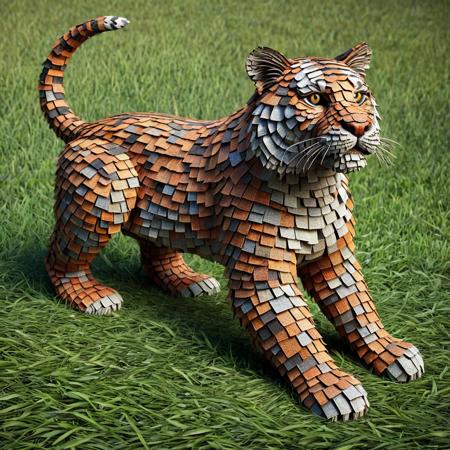 mad-shingles, score_9, score_8_up, score_7_up, score_6_up, score_5_up, score_4_up score_9,score_8_up, a realistic Tiger made out of Roof Shingles on a Grass Plains by Crescent Moon