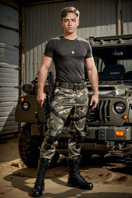 standing next to a military jeep, LucasKnight, slight smile, sexysoldier, (shirt), camouflage pants, dog tags, black army boots, belt, holster, gun in holster, holding assault rifle, ammunition belt, masterpiece, ((full body portrait)), wide angle  <lora:LucasKnight-000009:0.8>.  <lora:Clothing - Sexy Soldier_v1:0.6>