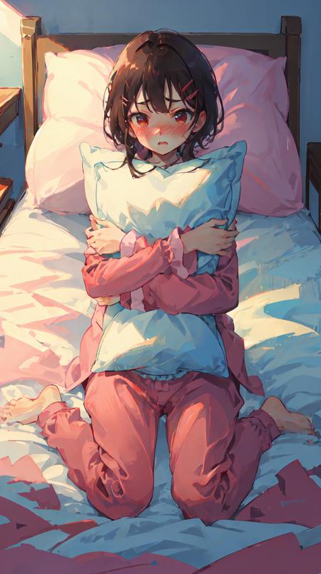 pillow hug, hairclip, barefoot, bed sheet, blush, embarrassed, furrowed brow, nose blush, on bed, pillow, sitting, wariza, meguminpajamas, <lora:megumin_v3:1>