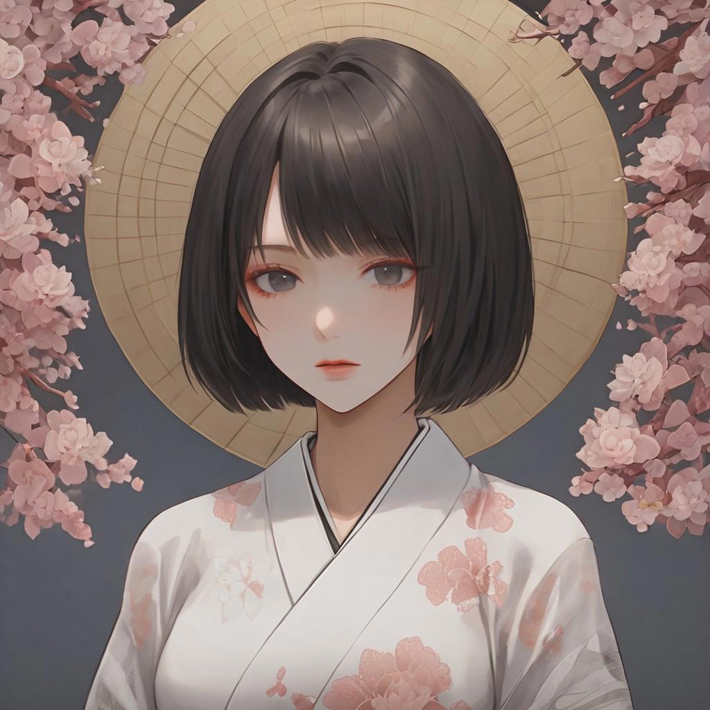 Top Quality, Masterpiece, High Definition, 1girl, Beautiful and Perfect Face, Bob Cut, Japanese Clothing,Kimono, Intricate Details, Very Detailed