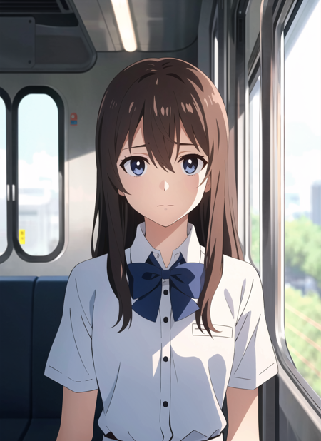 <lora:animemix_v3_offset:1> koe no katachi,  shirt, 1girl, collared shirt, long hair, train interior, white shirt, bow, brown hair, short sleeves, letterboxed, bangs, solo, closed mouth, facing viewer, blurry, school uniform, blue bow, dress shirt, upper body, depth of field, hair between eyes, blurry background, bowtie, ground vehicle, indoors, ((masterpiece))