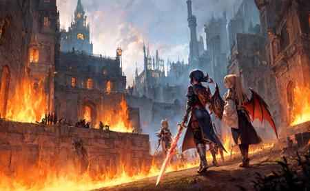 masterpiece, best quality, ultra-detailed, illustration,2girls,fantasy, RPG, heroine, devil, final battle, outdoors, epic, dramatic, intense, powerful, dynamic, magic, spells, sword, shield, armor, wings, horns, tail, fire, smoke, light, shadow, impact, movement, energy, determination, bravery, courage, heroism, villainy, evil, darkness, destruction, victory, defeat, redemption, justice, sacrifice, friendship, companionship, teamwork, perseverance, challenge, obstacle, success, achievement, goal-oriented, progress, improvement, realism, naturalistic, figurative, representational, video game culture, anime, manga, Japanese, RPG tropes, character design, animation, special effects, composition, scale, foreground, middle ground, background, perspective, light, color, texture, detail, beauty, wonder,