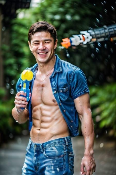 1man, male,asian, Youthful, 25 years old, younger, White and bright skin Radiant and hydrated,((( hand holding water gun))), happy face, shirtless, (short jeans, bulge, )VPL, handsome,short hair,pubic hair,muscular,muscle chubby chest, wet, cinematic photo full body, 35mm photograph, film, professional, 4k, highly detailed, RAW photo, subject, 8k uhd, dslr, soft lighting, high quality, film grain, Fujifilm XT3 Thailand city street , daylight