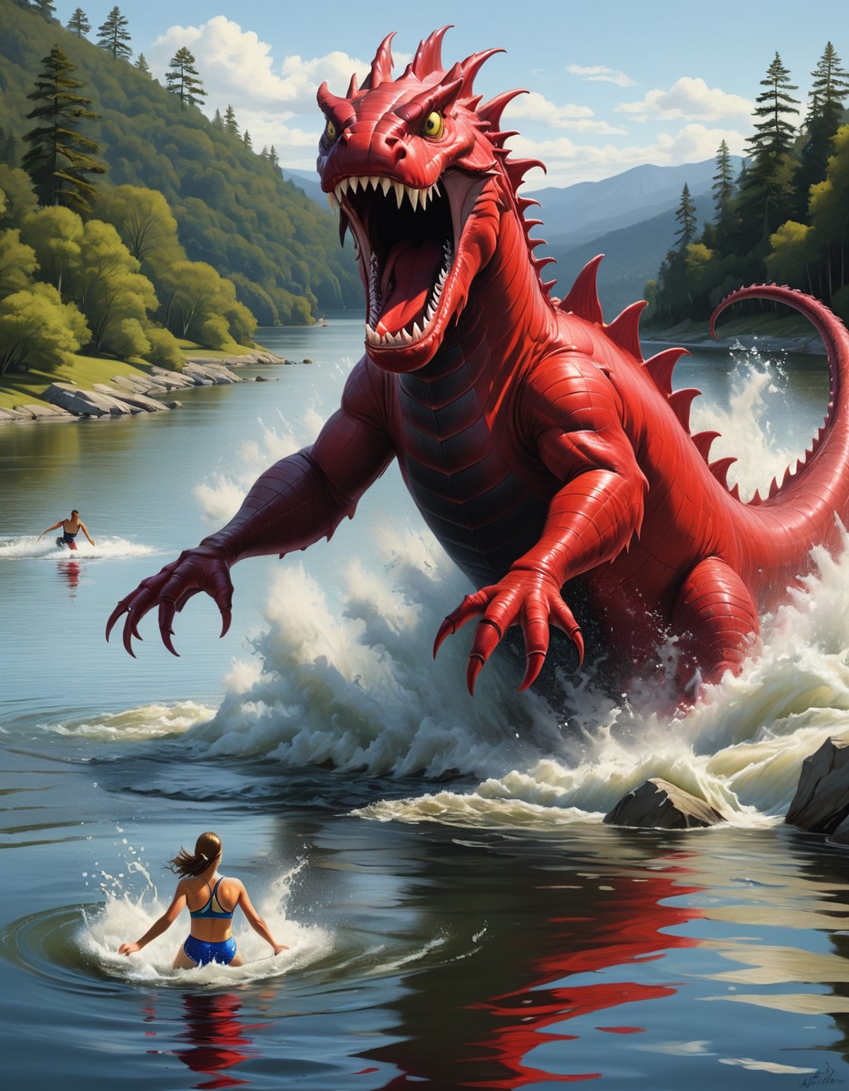 A lake turning red as a sea monster drags a swimmer under., (Professional award winning sketch on paper :1.3)