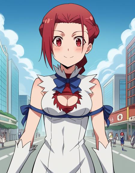 pina co lada, short hair, red eyes, red hair, braid, single braid, braided ponytail, medium breasts, skirt, thighhighs, cleavage, jewelry, earrings, detached sleeves, cape, armor, cleavage cutout, circlet,