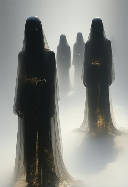 A surreal opera scene rendered in a minimalist style. Masked figures, draped in flowing gold-trimmed garments, stand as elegant silhouettes against a stark, flat background of midnight black. Shimmering white light subtly highlights the linear forms of their robes and masks, creating a delicate interplay of light and shadow. The composition emphasizes clean lines and gentle curves, achieving a sense of balance and uniformity. Imagine Monet's brushstrokes distilled into geometric purity, a silent, ethereal performance where form and light define emotion. Focus on the essence of the figures, reducing them to their most impactful shapes. The overall mood is one of quiet mystery and profound elegance. Cinematic, high resolution, octane render, 8k.