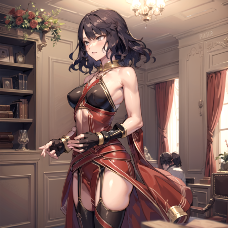 Hephaestion a pretty woman dressed in a tall red dress, 1girl, long hair, solo, thighhighs, gloves, black hair, fingerless gloves, indoors, room background,