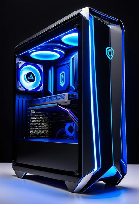 A futuristic, metallic gaming PC with glowing blue accents, centered, featuring a bold, neon-lit logo of QuickGK Gaming emblazoned on the side panel, with sleek, angular lines, metallic finish, softbox lit, reminiscent of Syd Mead, Daniel Dociu, and Ash Thorp's futuristic design aesthetics.