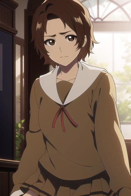 masakikurosaki, <lora:masakikurosakitest:1>,
masaki kurosaki, short hair, brown hair, (brown eyes:1.5),
BREAK skirt, ribbon, school uniform, pleated skirt, serafuku, socks, kneehighs, white socks,
BREAK looking at viewer,
BREAK indoors, classroom,
BREAK <lora:GoodHands-vanilla:1>, (masterpiece:1.2), best quality, high resolution, unity 8k wallpaper, (illustration:0.8), (beautiful detailed eyes:1.6), extremely detailed face, perfect lighting, extremely detailed CG, (perfect hands, perfect anatomy),