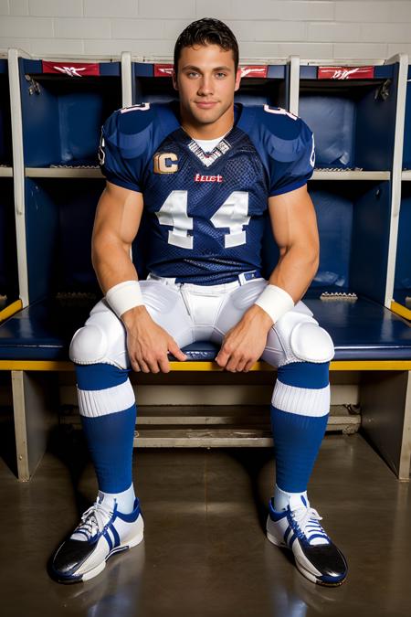 in a locker room, sitting on a bench, smiling, JasonAdonis, American football player wearing American football uniform, (American football shoulder pads), (blue jersey:1.5), jersey number 47, (white football pants and pads:1.3), (blue socks:1.4), (black sneakers:1.3), (((full body portrait))), wide angle  <lora:JasonAdonis:0.85>