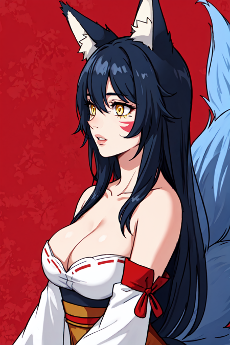 1girl, solo, long hair, large breasts, black hair, animal ears, cleavage, bare shoulders, medium breasts, blue hair, collarbone, tail, yellow eyes, upper body, parted lips, detached sleeves, lips, looking to the side, fox ears, fox tail, facial mark, looking away, slit pupils, multiple tails, red background, whisker markings, korean clothes