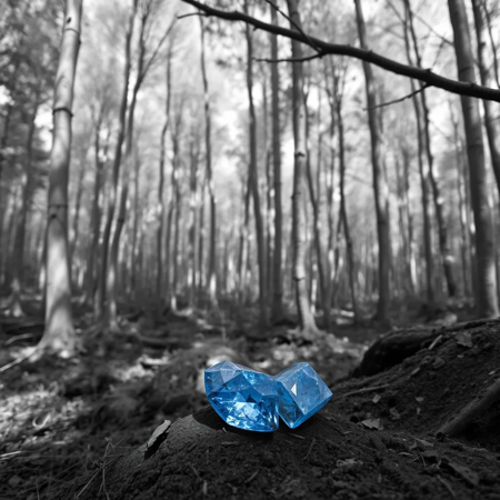 Selective Colouring photo of a forest with a gemstone in a clearing, blue gemstone, monochrome