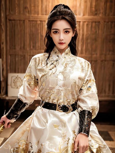 1girl,white fabric, golden embroidery, black belt with golden embroidery, white collar,  wearing the feiyu_clothes, fighting stance, black bracer with golden embroidery,(RAW photo, best quality), (realistic, photo-realistic:1.4), masterpiece, an extremely delicate and beautiful, extremely detailed, 2k wallpaper, Amazing, finely detail, extremely detailed CG unity 8k wallpaper, ultra-detailed, highres, soft light, beautiful detailed girl, extremely detailed eyes and face, beautiful detailed nose, beautiful detailed eyes,cinematic lighting,city lights at night,perfect anatomy,slender body,smiling <lora:FYF_v123:0.9>  <lora:Liyitong_v11:0.6>