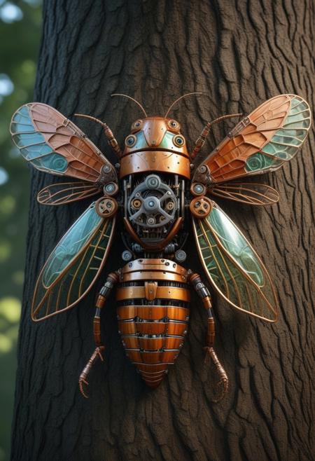 8k, score_9, score_8_up, score_7_up,
masterpiece,realistic,ultra detailed, vibrant colors,photo-realistic,
A cicada-shaped robot with a body made of gears and wings made of glass, perched on the trunk of a large tree