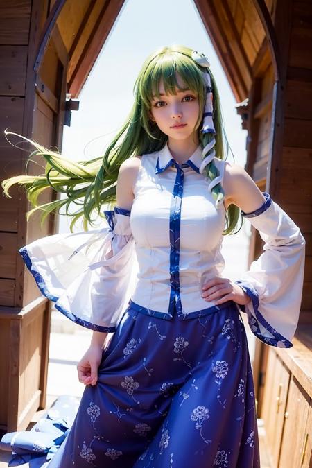 kochiya sanae 1girl,long hair,green hair,green eyes,frog hair ornament, hair tubes,snake,bare shoulders,detached sleeves,shirt,skirt