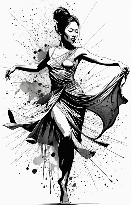 A mesmerizing one-line drawing by Tsutomu Nihei and Kim Jung Gi,featuring an abstract portrait of a Thai Dancer. The intricate lines and ink splatters create a dynamic composition,capturing the essence of movement and grace. The monochrome ink drawing drawing contrasts the fluidity of the lines,evoking a contemplative atmosphere and inviting viewers to explore the emotions within the artwork