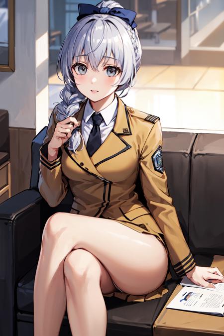 1girl, solo, braided ponytail, single braid, grey eyes, grey hair, military uniform, black necktie, blue bow, brown skirt, 