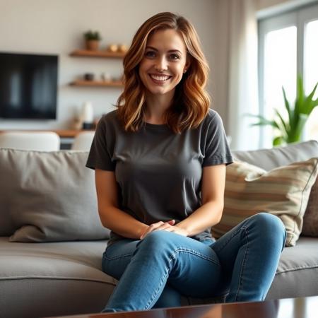 Hyperrealistic photoshot: (Kelly is sitting on the couch in a modern furnished living room, wearing t-shirt and jeans, smiling, 32 years old, brown medium-length hair, average figure, small breasts),