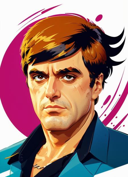 aps1, man, scarface, A portrait in the style of Genndy Tartakovsky, known for his work on shows like "Samurai Jack" and "Dexter's Laboratory." Embrace Tartakovsky's dynamic and energetic animation style, with bold outlines, exaggerated poses, and strong graphic compositions. (Tartakovsky-inspired), (Dynamic and action-oriented), (Bold and stylized character design), (Strong and exaggerated poses), (Contrasting and vibrant color palette), (Attention to fluid animation and movement), (Visually striking and captivating). <lora:AlPacinoScarface:1>