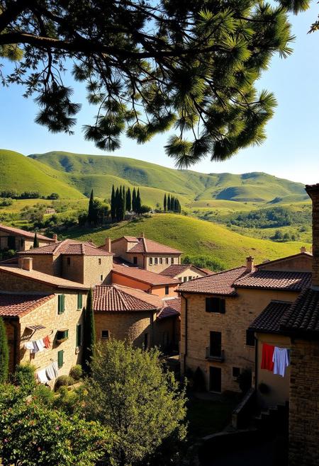 Whispers of Tuscany: A sun-drenched Italian village nestled amidst rolling green hills dotted with cypress trees. Stone houses with terracotta roofs cast long shadows, and laundry hangs vibrant on lines strung across balconies. (Inspired by Yigal Ozeri, Mike Bayne, Roberto Bernardi)