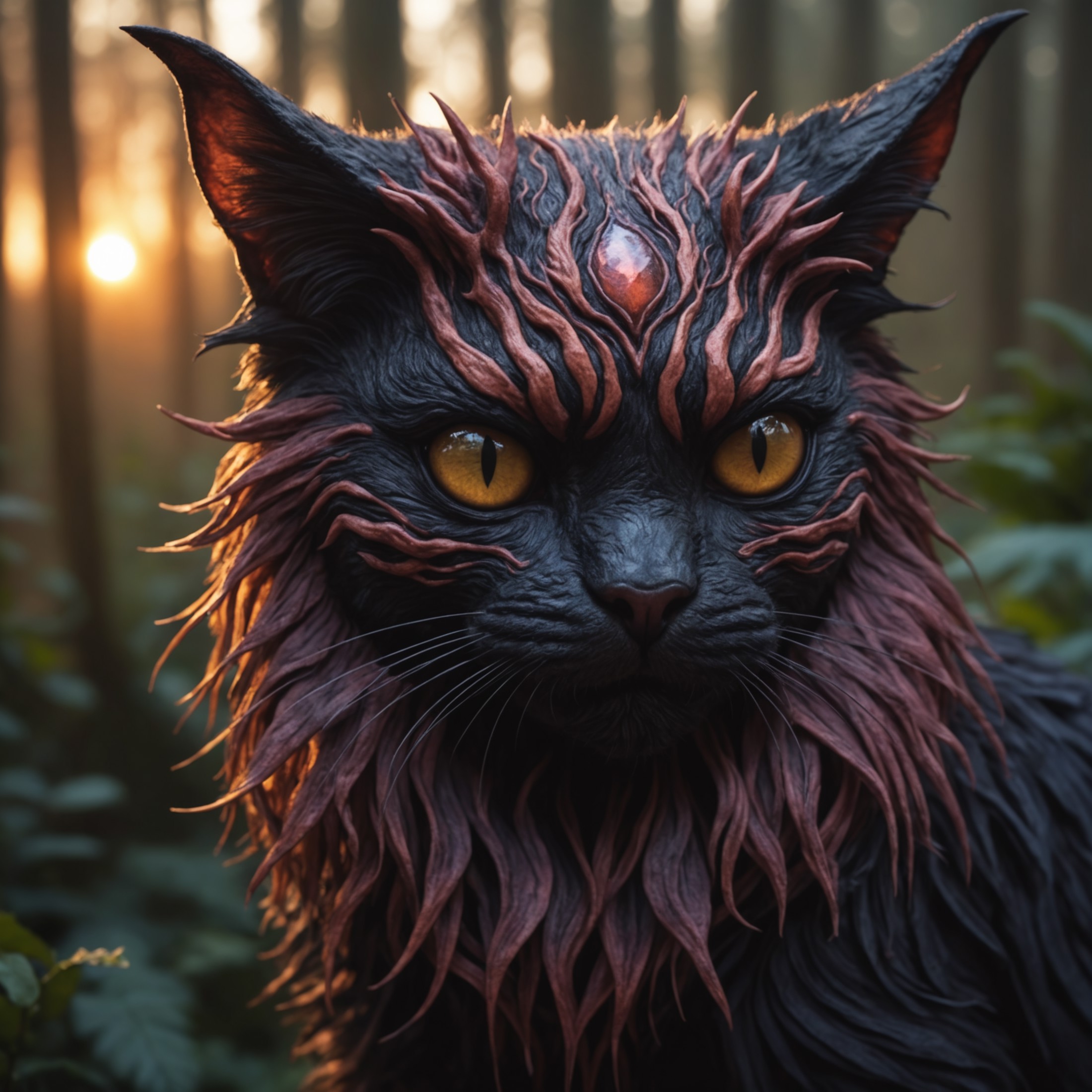 Detailed  closeup photo of  a sunset over a fantasy forest, evil cat creature