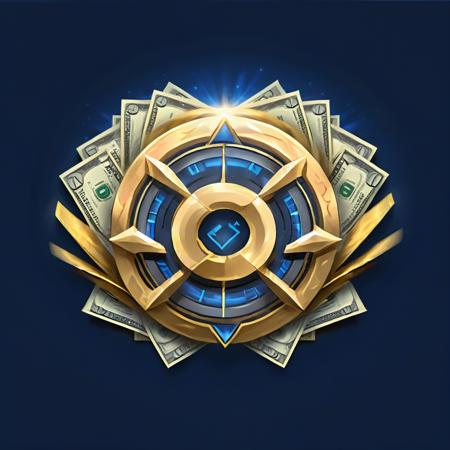 masterpiece, rank game icon,8k, <lora:rankgameicon_Hap_XL:1.6>, Rapide Cash logo, interweaving golden typography, surrounded by fluttering banknotes, accentuated by a subtle glow, emblematic of finance and prosperity, set against a deep blue backdrop suggestive of a secure vault, medium: digital illustration, high contrast, golden ratio, UHD drawingï¼