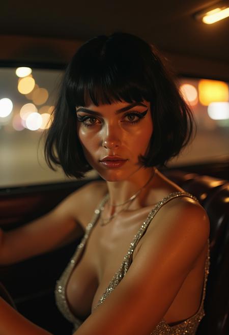 Hot babe riding fast 1920's car, having a good time, deep seductive stair, dark hair, glitter, eye liner, Bob hair cut, 1920's attire, the roaring 20's, party girl, great Gatsby, photo realistic, subsurface scattering, Photorealistic, Hyperrealistic, analog style, realistic, film photography, soft lighting, photo, cinematography, high resolution, 8k, incredible photo, award winning photography