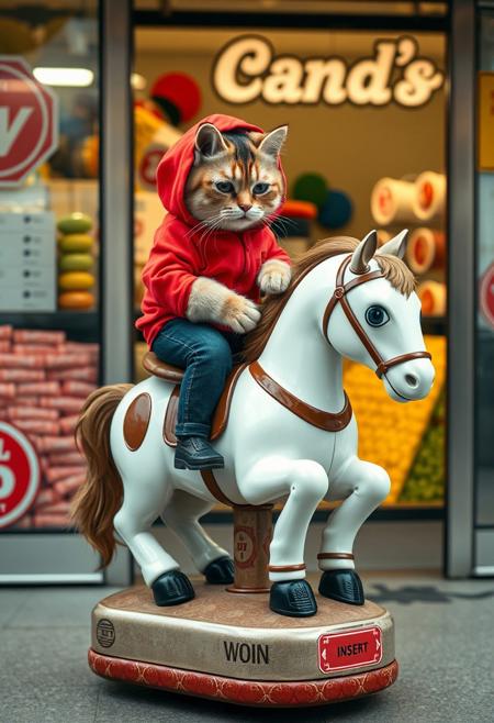 outside a candy store, little sad cat with red hoodie is sitting atop and riding a coin-operated robotic pony  the pony is white with brown the label on the base of the machine reads "Insert 10 buzz to work ", photo-realistic