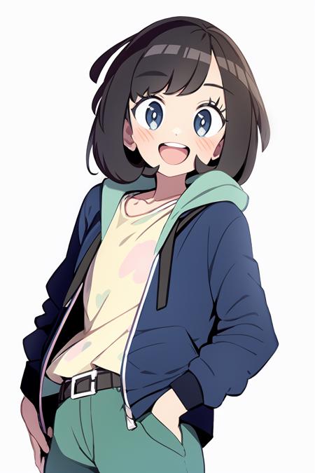 masterpiece, best quality, <lora:selene:1>, <lora:style04:1>,1girl, solo, green shorts, selene (pokemon), open mouth, shorts, belt, teeth, shirt, upper teeth only, jacket, white background, hand in pocket, open clothes, simple background, bangs, grey eyes, tongue, hood, open jacket, smile, short hair, yellow shirt, brown hair, eyelashes, belt buckle, alternate costume, long sleeves, collarbone, blue jacket, buckle, :d, shiny, hooded jacket, black hair, shiny hair