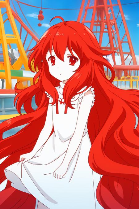 ((masterpiece)), (( best quality)), 1girl, solo, red eyes, ahoge, red hair, very long hair, long hair, white dress, <lora:Eruku-lion8bit-noreg-000015:0.7>, ferris wheel, waterpark,