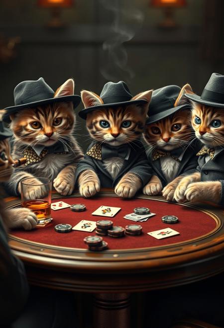 A hyper-stylistic, extremely detailed image depicts a group of kittens dressed as 1940s mobsters, sitting at a round table playing poker. Each kitten is adorned in a miniature fedora, suit, and tie, complete with a tiny cigar clenched between their teeth. The table is a swirl of activity, with cards, chips, and whiskey glasses scattered about. The kittens' eyes gleam with mischief as they study their hands, their little paws hovering over the cards. Every detail of the image is meticulously crafted, from the intricate, textured patterns on the kittens' suits to the delicate, nuanced expressions on their faces. The overall effect is one of adorable, comedic gangster charm, as if the viewer has stumbled upon a secret, high-stakes kitten poker game. highest-Quality, intricate details, visually stunning, Masterpiece