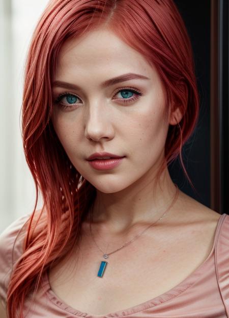 Close up face portrait of <lora:ShioriArima:0.99> ShioriArima, 1girl, solo, pink hair, red hair, two-tone hair, long hair, [blue:grey:0.8] eyes, necklace, detailed eyes, detailed lips, (8k, high quality, shot on Hasselblad X1D II Digital), <lora:epiCRealismHelper:0.99>, <lora:add_detail:1>