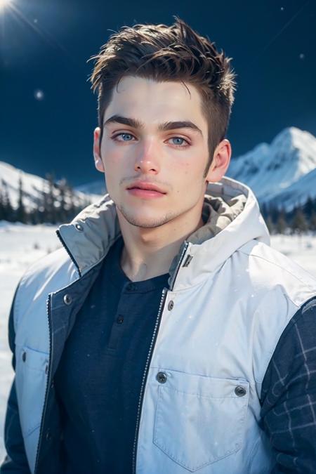 ((masterpiece)), ((best quality:1.2)), High Resolution, 8k, (ultra_realistic:1.3), (photorealistic:1.4), (instagram model, handsome:1.2), sharp focus, a photo of (dylansprayberrykm, Dylan Sprayberry), wearing winter clothing, , masculine, short hair, snow background, mountains, surrounded by forest, outdoors, night, stars, flowers, <lora:DylanSprayberryKM_16_v2:0.8>