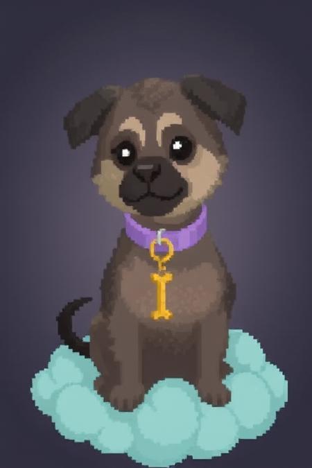 A pixel art of a random dog race with fluffy fur and chocolate-drop eyes, wearing a lavender velvet collar with a golden bone pendant, sits upright on a mint-green cloud. dramatic beauty, otherworldly quality, soft lighting, shallow depth of field, high detail, dynamic composition, cinematic shot, film grain, balanced shadows, harmonic colors, emotional depth, symbolic meaning, innovative props/costumes, timeless elegance, modern themes, iconic imagery, unforgettable moment, captivating beauty, stunning impact, thought-provoking, artistic vision, masterful execution.
Pixel art style, clear drawn in big pixels very well aligned, rich showcase, award-winning craftsmanship. UHD resolution enhances the dynamic, impactful pose for a striking, lifelike result.