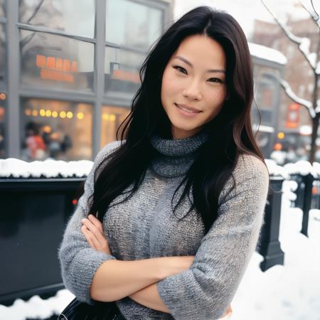 <lora:lucyliu_sd15_33:1> lucyliu a beautiful woman, smiling at the camera, wearing a sweater, outside, snowy day, newyork city, traffic, cabs, intricate, highly detailed, digital painting, artstation, concept art, smooth, sharp focus, illustration, unreal engine 5, 8 k, art by artgerm and greg rutkowski and alphonse mucha