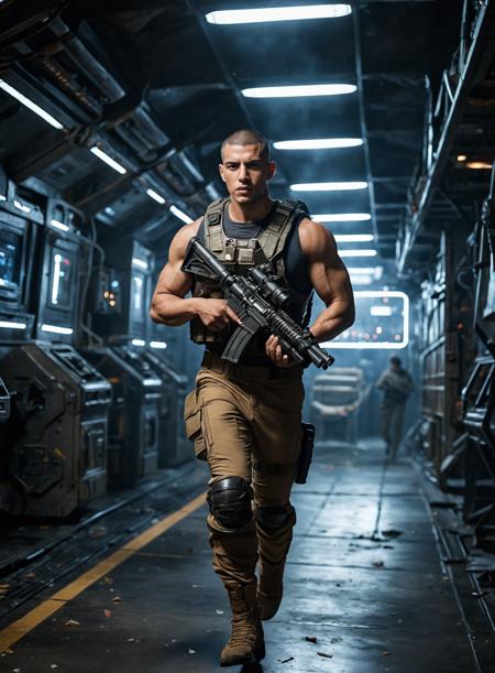 handsome,male,Lebanese,Mexican,buzz cut,27 years old,(muscular:0.5),indoors,running,desolate spaceship,pulse rifle,science fiction,realistic photograph,cinematic_lighting,night,
