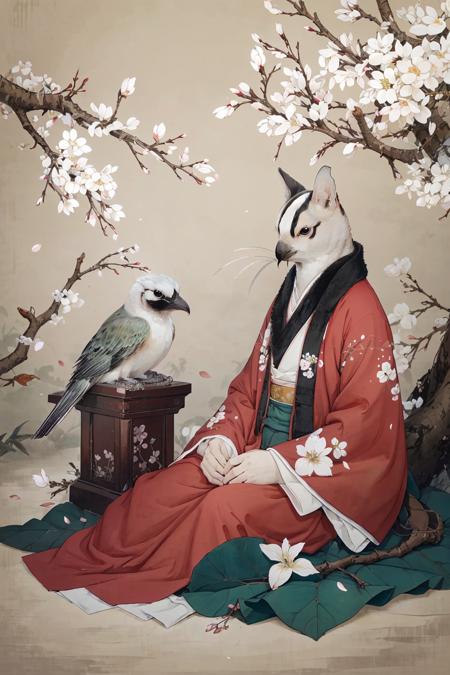 (masterpiece:0.8),best quality,
gongbiv,gongbi painting,no humans,bird,white flower,branch,flower,animal focus,animal,simple background,tree,scenery,sitting,brown background,in tree,leaf,cherry blossoms,petals,plant,
Chinese style meticulous painting,<lora:gongbi painting:0.8>,