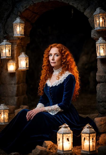 A night time photo of a beautiful woman, 50 years old, with long curly orange hair and freckles, wearing a dark blue velvet Victorian dress with white lace, sitting on a pile of bones in a dark cave lit by Victorian lanterns, full body view. in the style of ilya kuvshinov and range murata and artgerm. shallow depth of field, vignette, highly detailed, high budget, bokeh, cinemascope, moody, epic, gorgeous, film grain, grainy, dark shadows, DarkFantasy, photo, cinematic,